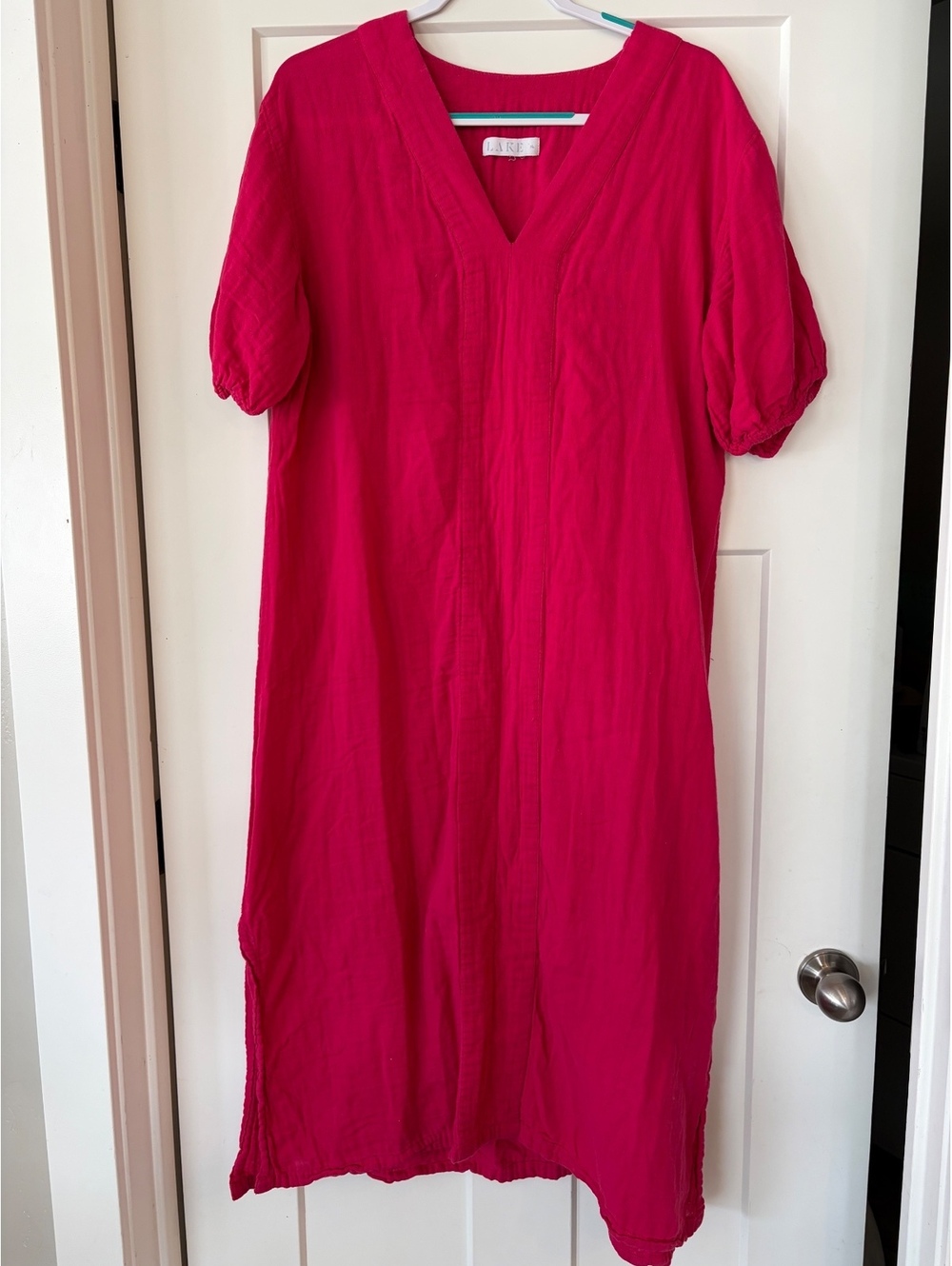 LAKE Magenta V-Neck Cotton Gauze Midi Dress — Size XL